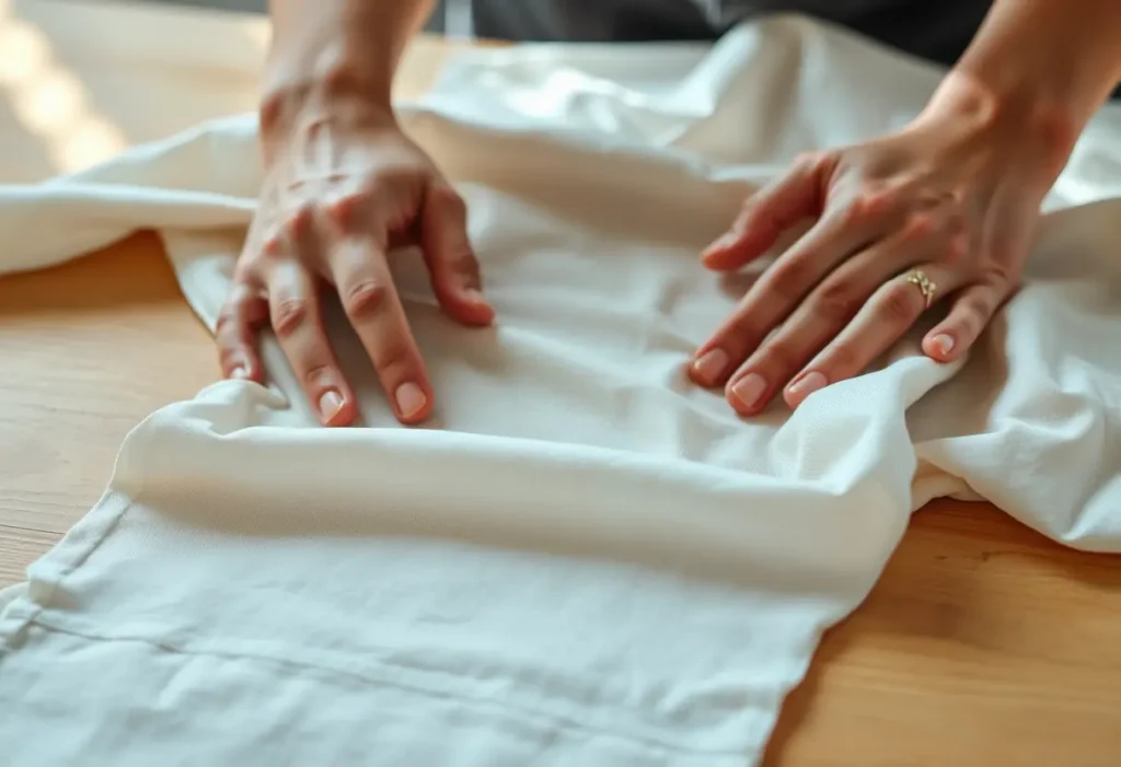Des mains lisser un tissu doux sur une table en bois.