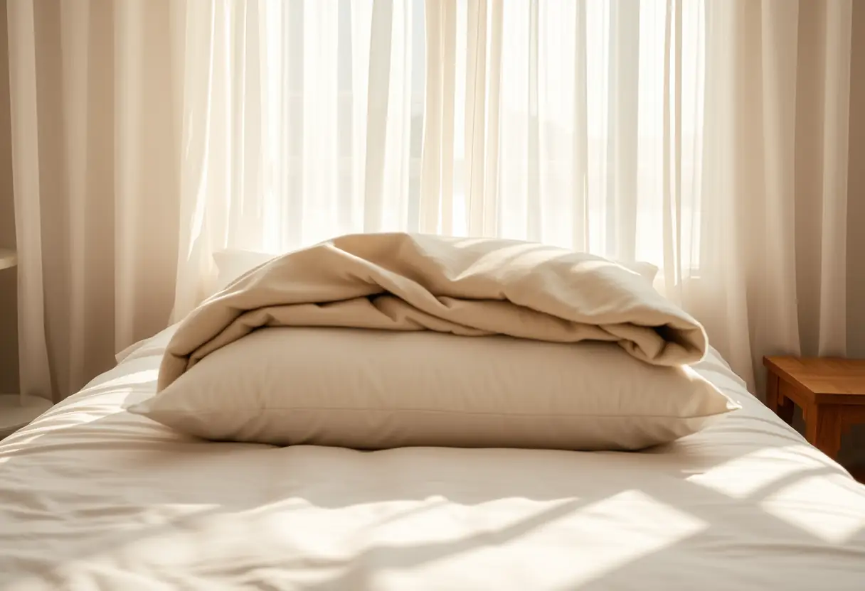 Des mains disposent doucement une couette sur un oreiller, créant un cocon accueillant pour célébrer l'amour de soi.