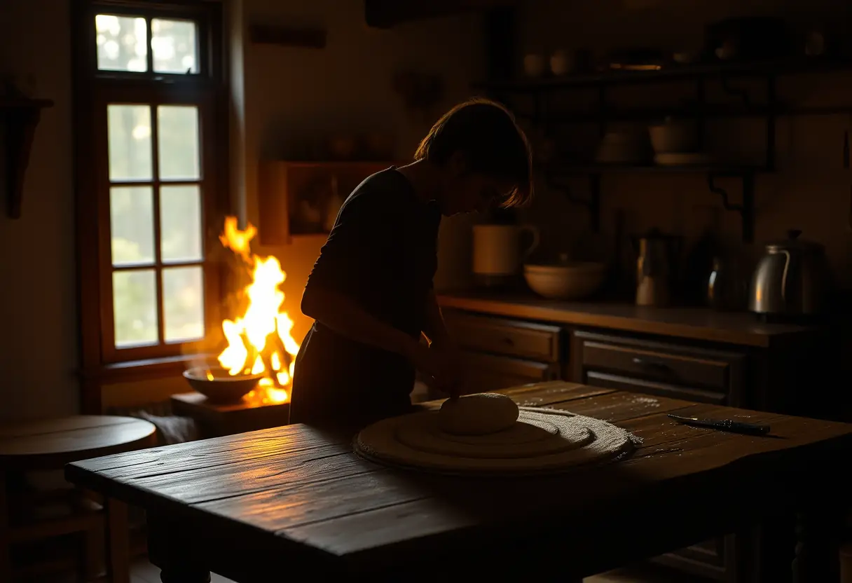 Un silhouetté pétrissant de la pâte sur une table en bois, dans une cuisine chaleureuse