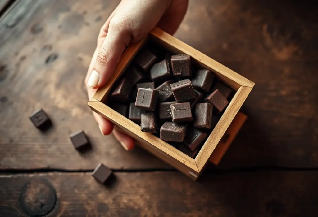 Une main tenant une boîte en bois avec des chocolats noirs, lumière naturelle