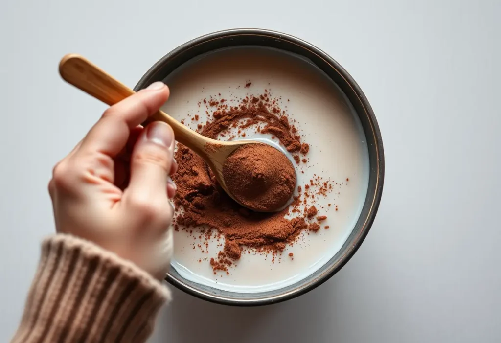 Une main tenant une cuillère en bois qui remue du cacao en poudre dans du lait chaud, symbolisant le confort et la santé