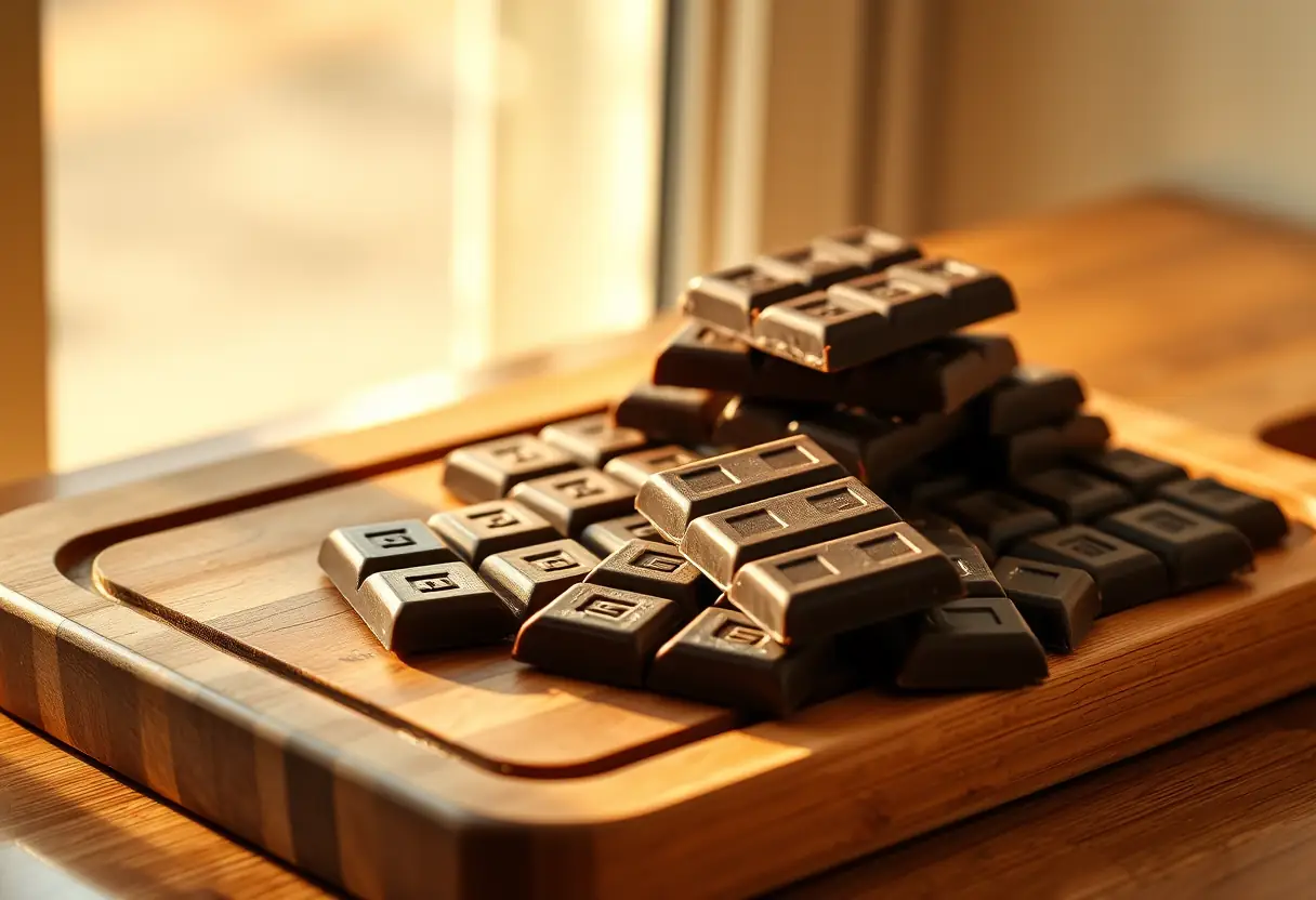 Un plan de travail en bois avec des barres de chocolat noir disposées soigneusement, reflétant la lumière dorée d'une fenêtre proche, illustrant l'acceptation de soi et le plaisir