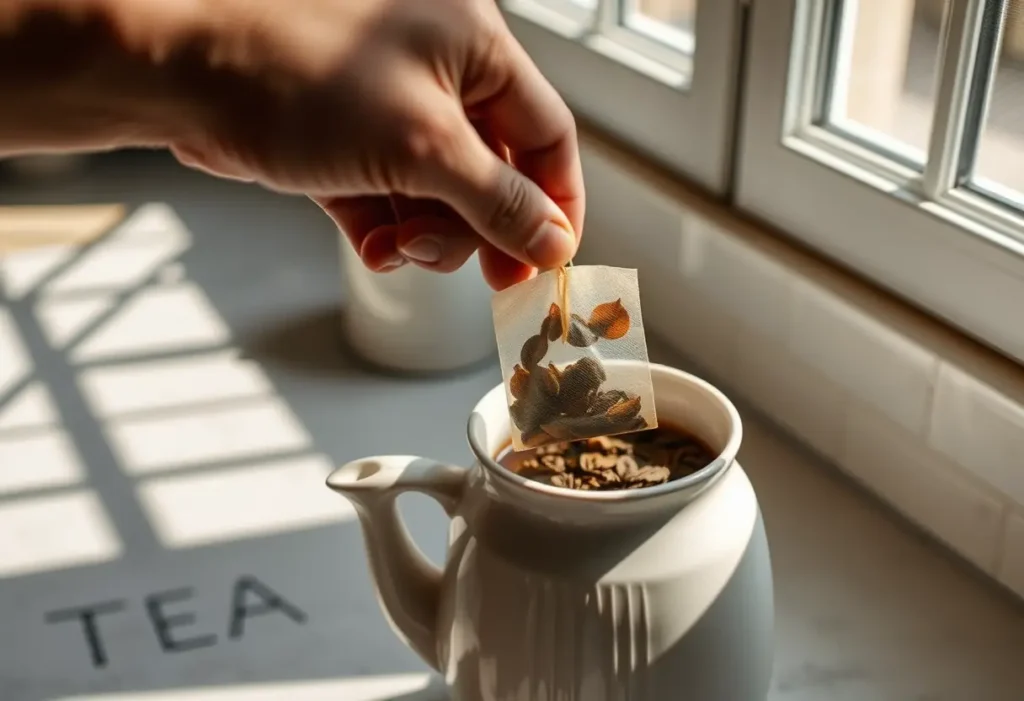Une main tient une boule à thé en feuilles sèches dans une bouilloire en porcelaine sur un plan de travail, éclairée par la lumière naturelle