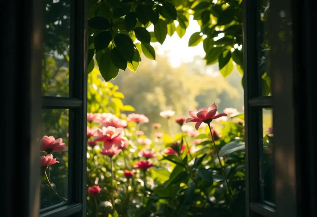 Vue d'un jardin fleuri à travers une fenêtre, symbolisant croissance et renouvellement