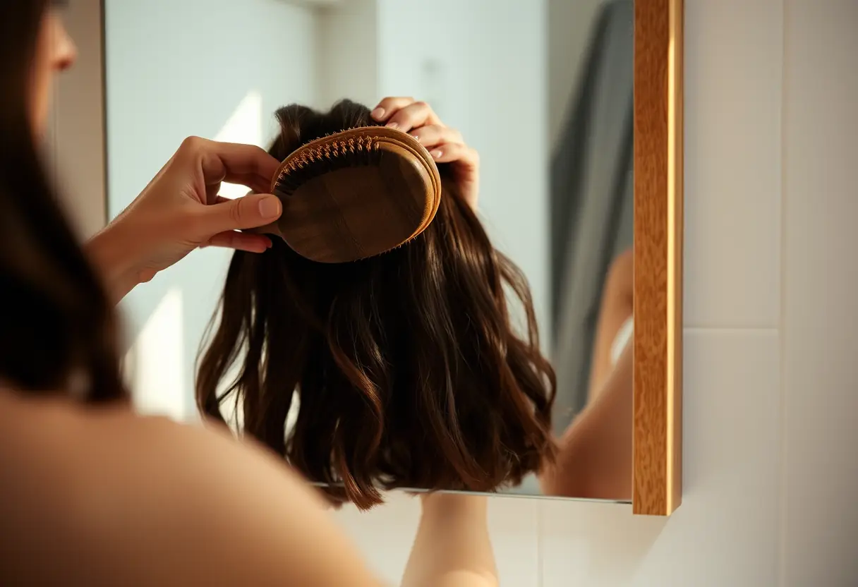 Une main féminine tient un peigne en bois devant un miroir, moment de soin personnel