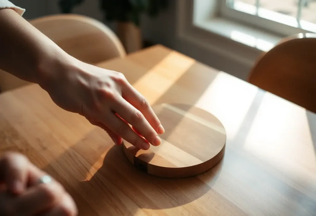 Main de femme tenant un petit plateau circulaire sur une table
