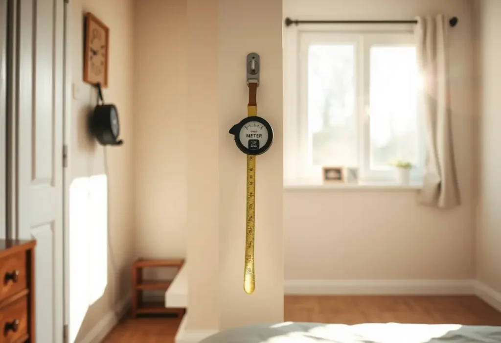 Un mètre à ruban accroché dans une chambre