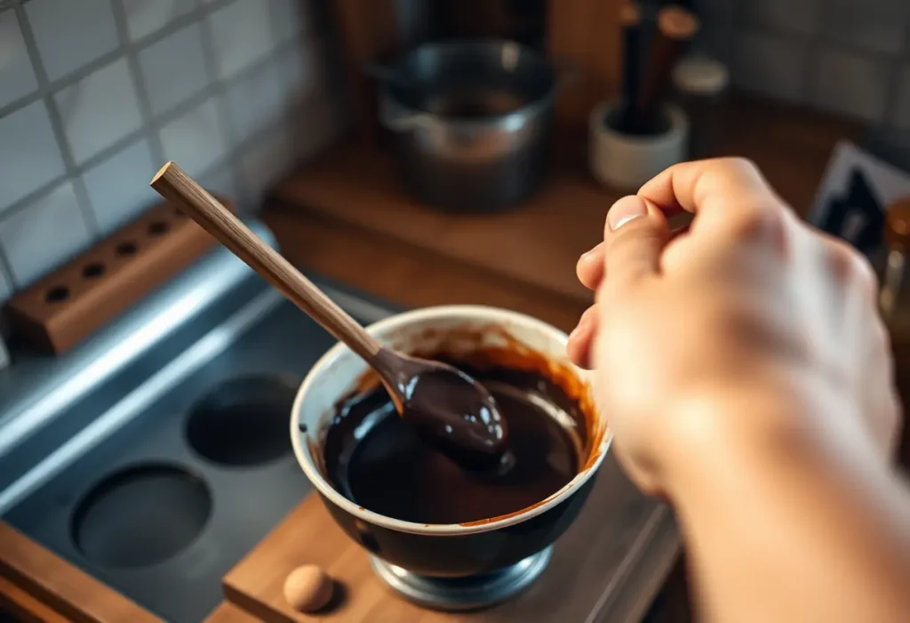 Une main tenant une cuillère en bois dans une cuisine accueillante, préparant du chocolat noir