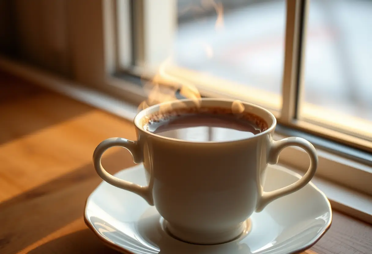 Une tasse de chocolat chaud posée sur une soucoupe, éclairée doucement par la lumière d'une fenêtre