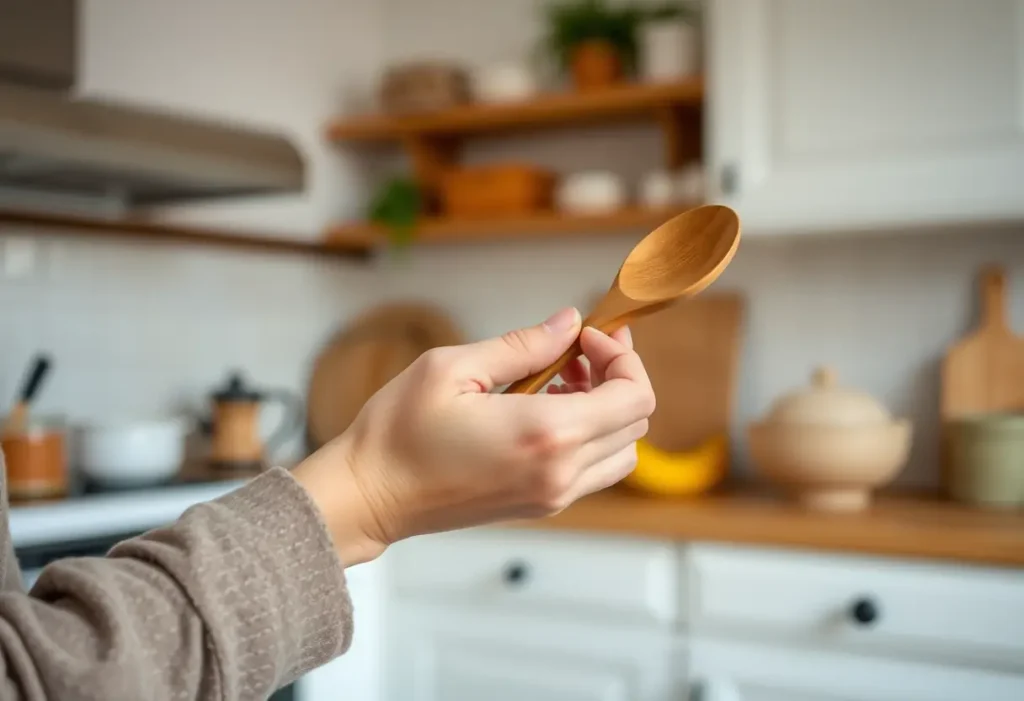 Une main féminine tient délicatement une cuillère en bois dans une cuisine lumineuse, évoquant chaleur et bien-être.