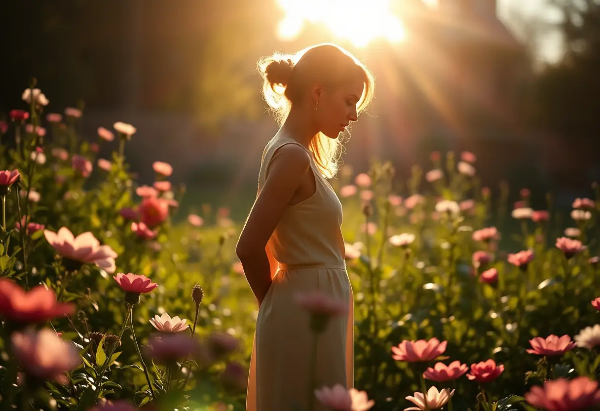 Une femme en silhouette se tient dans un jardin ensoleillé entouré de fleurs en fleur, illustrant vitalité et croissance.