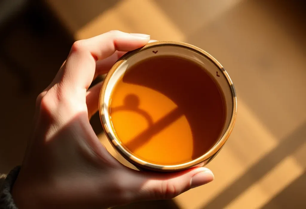 Une main féminine tient une tasse en porcelaine remplie de thé herbeux, symbolisant le bien-être.