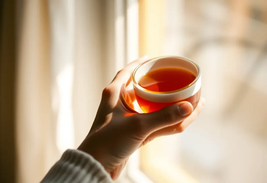 Une main tenant une tasse de thé chaud, apportant chaleur et confort