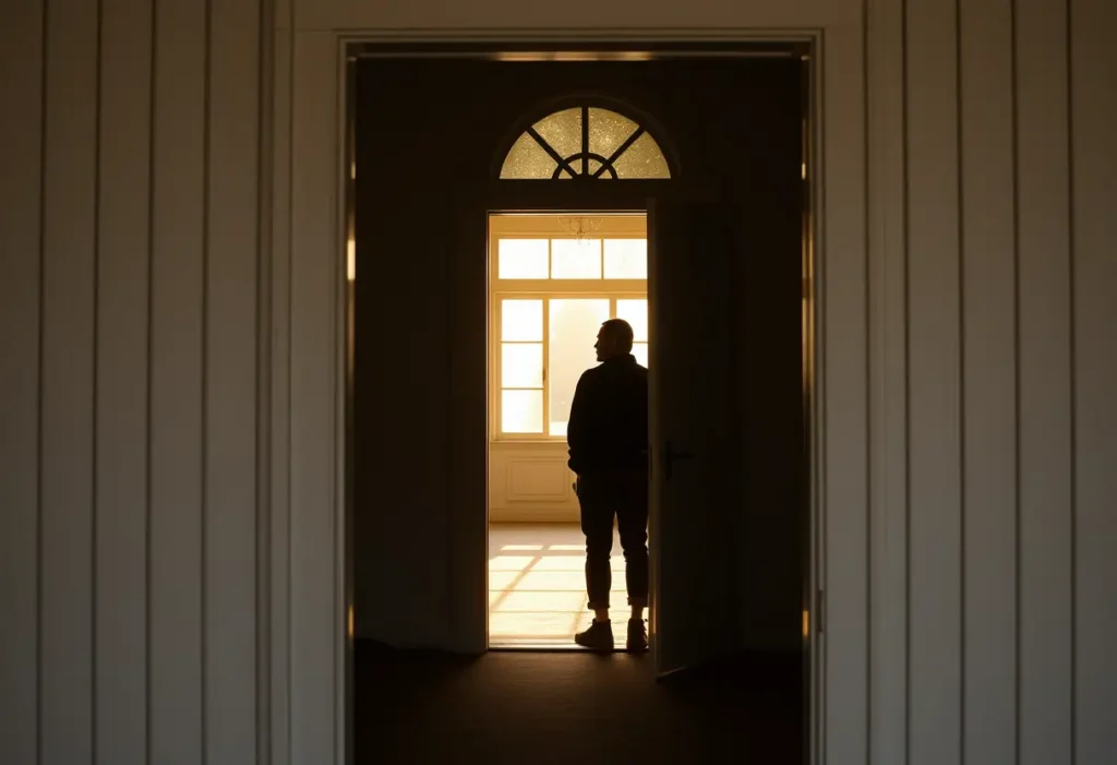 Silhouette d'une personne devant une porte encadrée par des panneaux en bois blanc, lumière matinale réchauffant l'intérieur de la maison