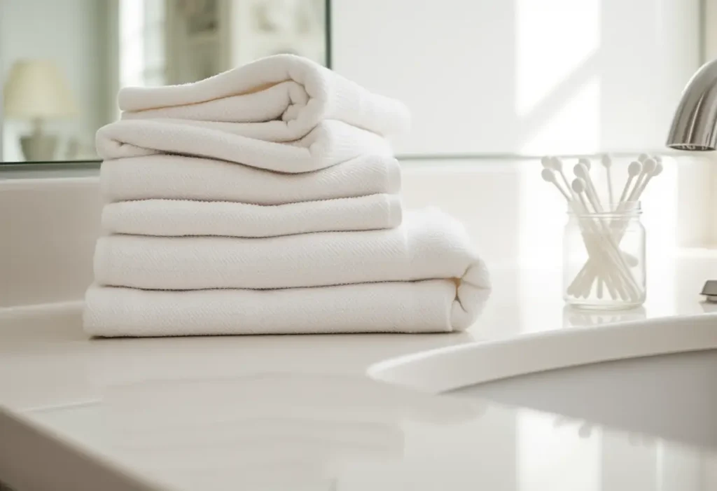 Des serviettes pliées reposent sur un meuble de salle de bains avec un pot de cotons-tiges