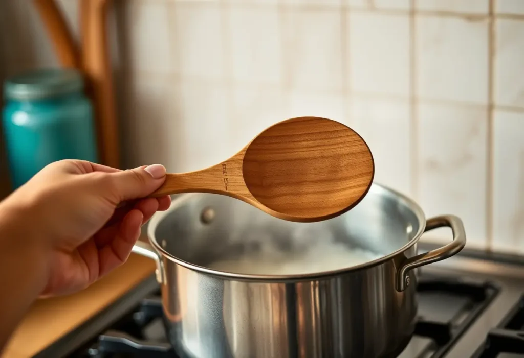 Main dans une cuillère en bois dans une cuisine