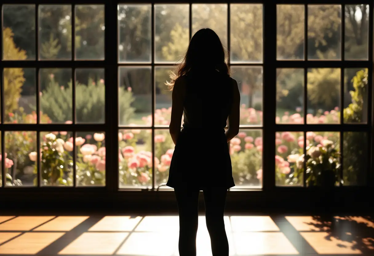 Silhouette féminine devant une fenêtre donnant sur un jardin en fleurs
