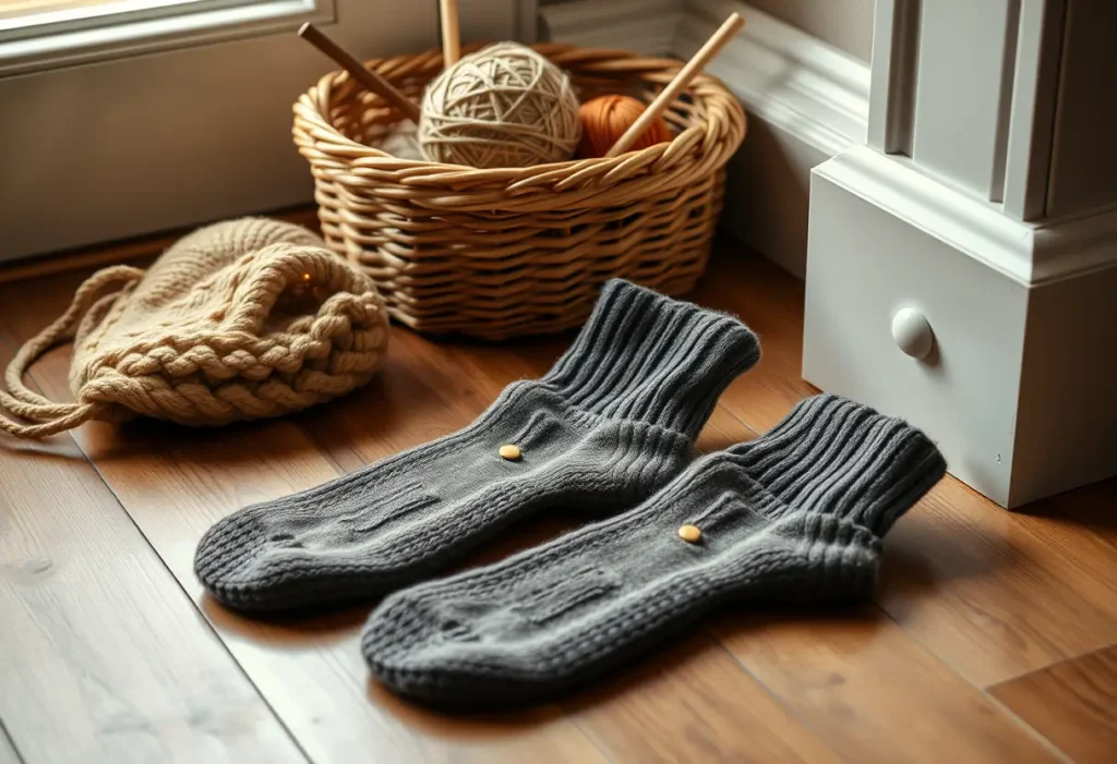 Des chaussettes en laine posées sur le sol près d'un panier de tricot, illustrant le confort et la récupération.