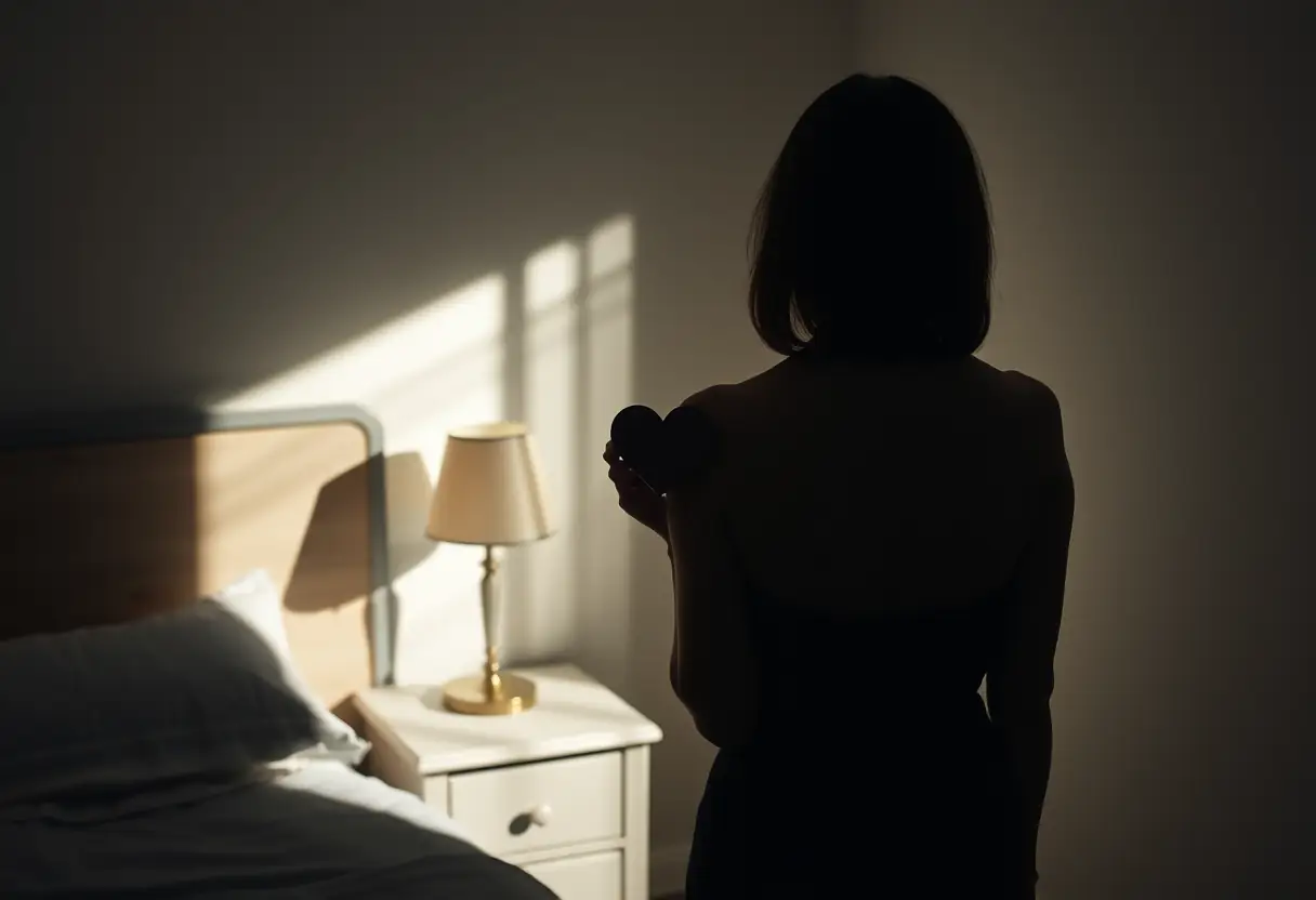 Un profil silhouetté d'une femme près d'une table de chevet avec un porte-plume en forme de cœur, représentant la dépression post-partum.