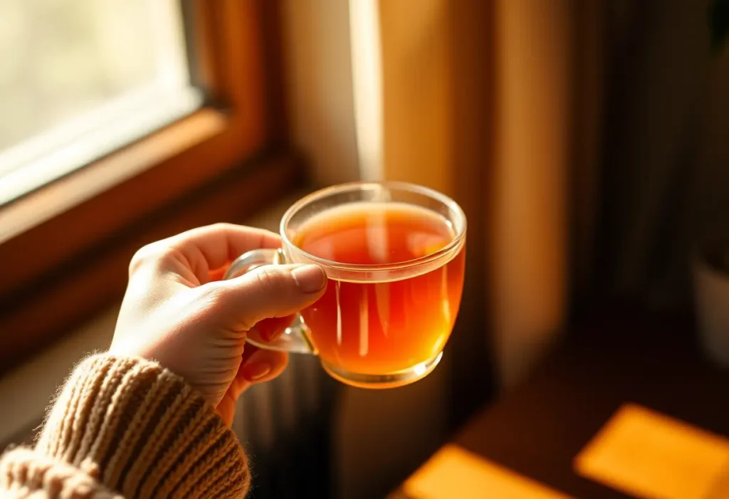 Une main féminine tient une tasse de thé herbeux, apportant chaleur et confort.