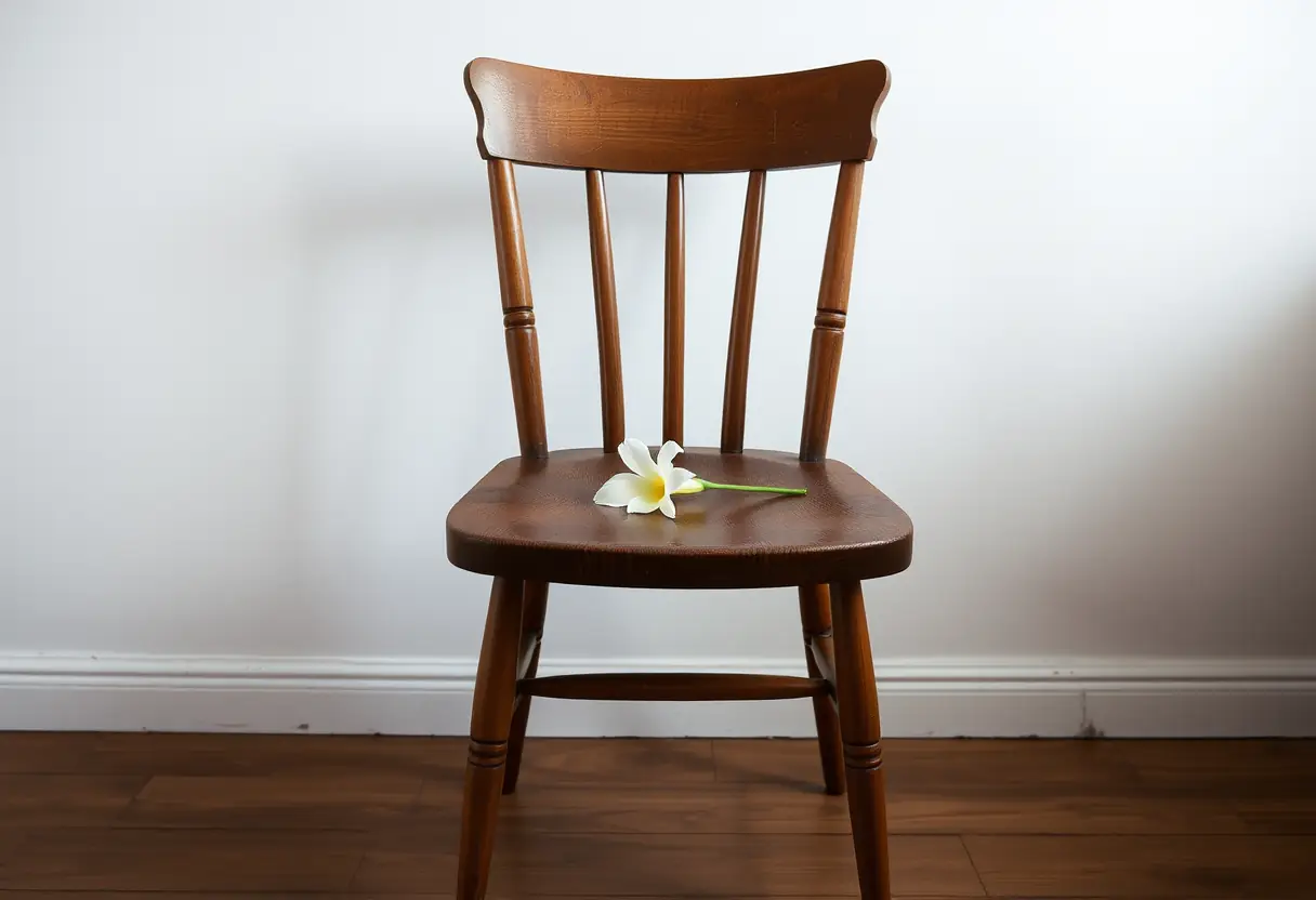 Un fauteuil en bois dans une pièce calme, symbole d’espoir et de résilience.