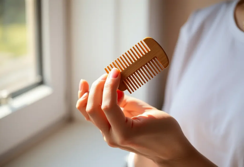 Une main féminine tient délicatement un peigne en bois dans une lumière naturelle