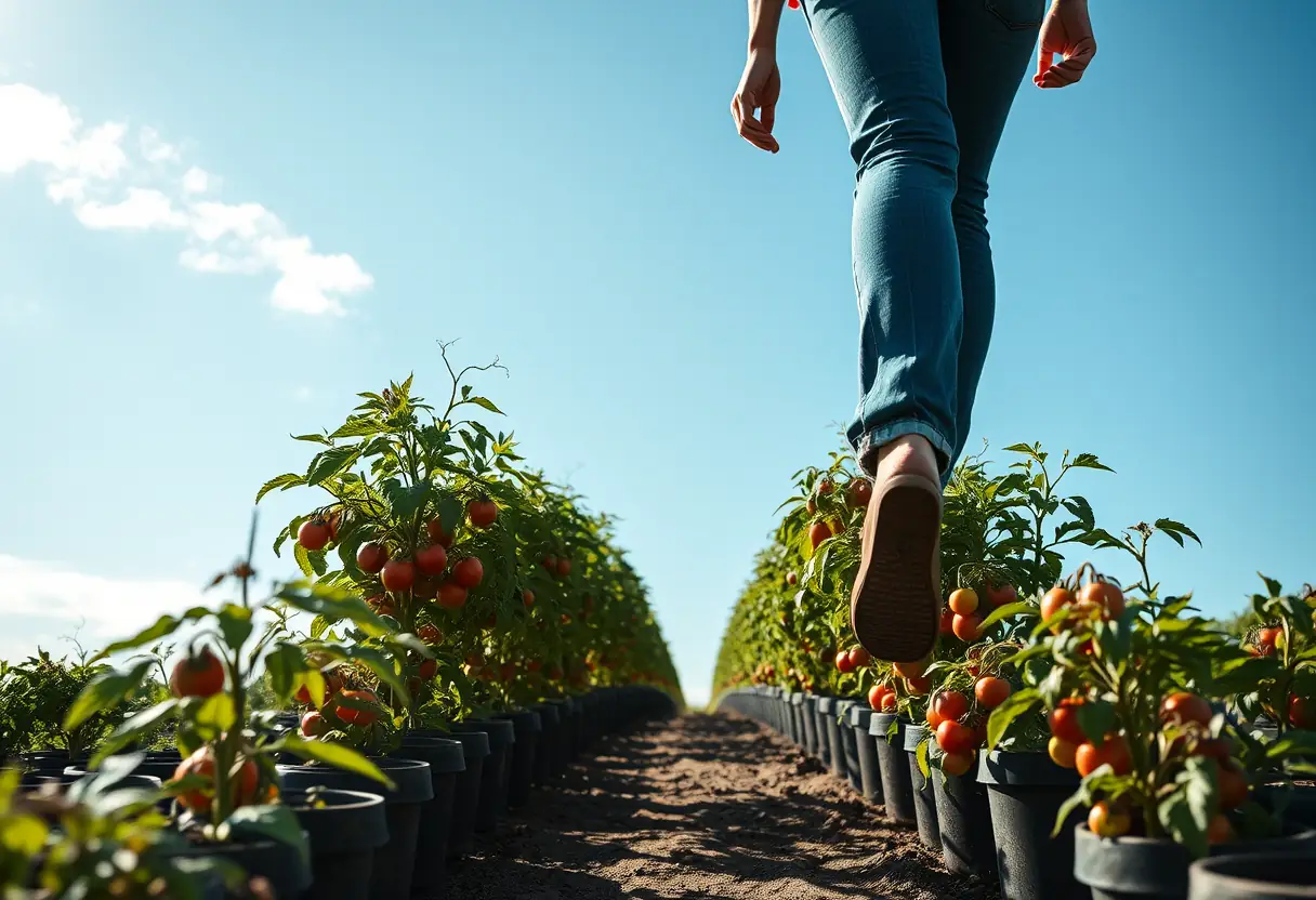Femme se promenant entre des plantations de tomates en pot