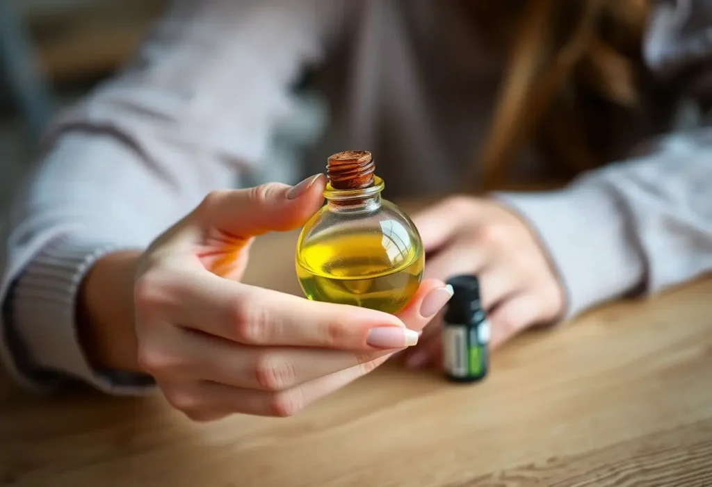 Des mains tenant une petite bouteille en verre contenant des huiles essentielles, mettant en valeur la pratique holistique pour le bien-être.