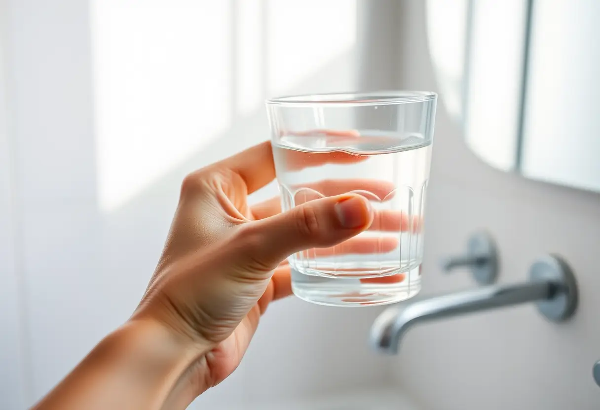 Une main tenant un verre d'eau, rappelant l'importance de l'hydratation dans le maintien de la santé.