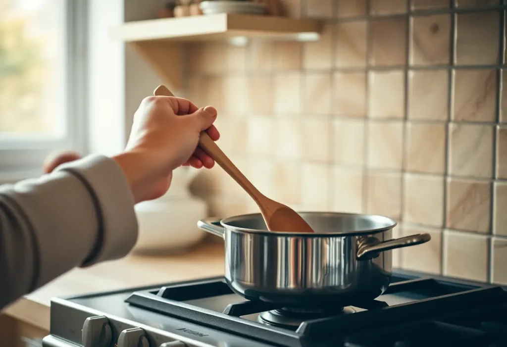 Une main féminine tient une cuillère en bois dans une cuisine accueillante, éclairée naturellement.