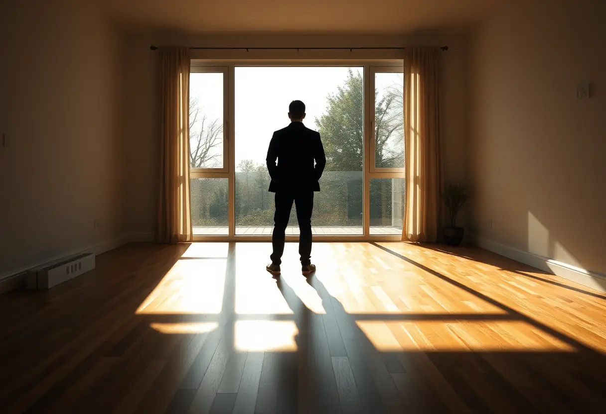 Un silhouettage devant une grande fenêtre, la lumière du jour soulignant le plancher en bois.