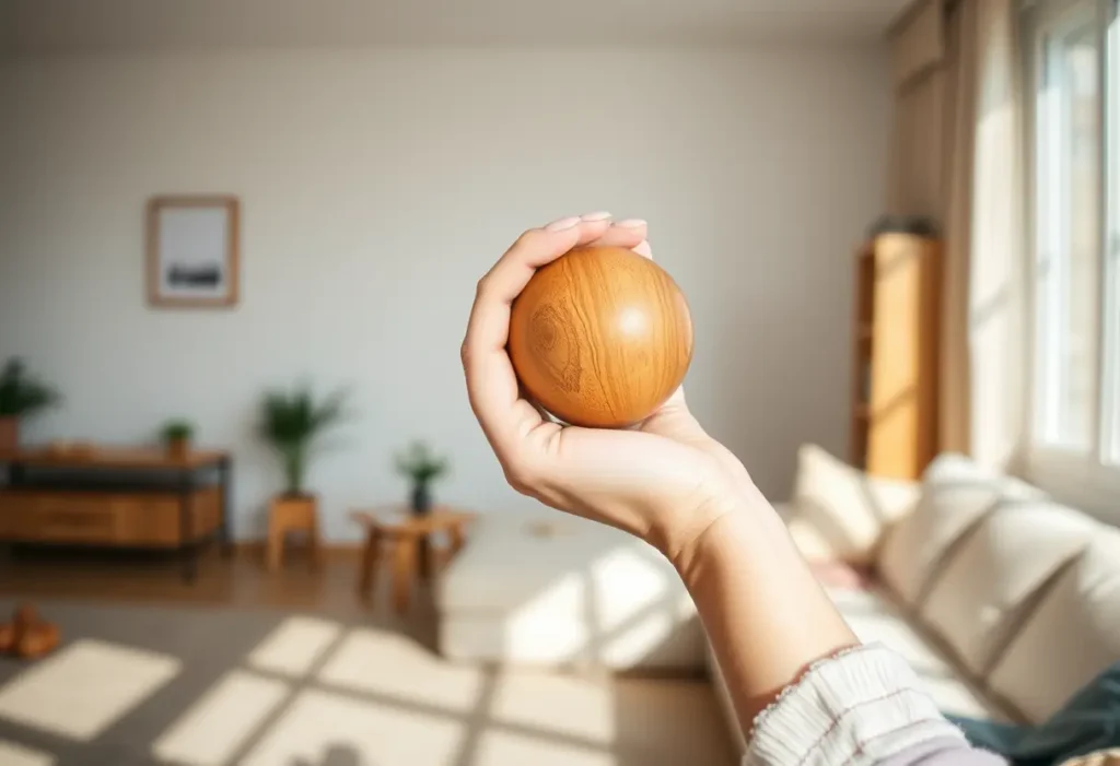 Main photo : une main féminine tenant une balle en bois, évoquant l'exercice doux