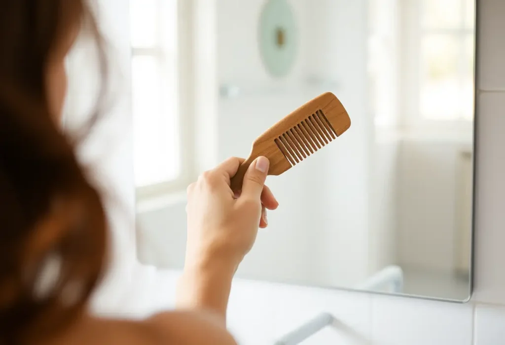 Une main féminine tient un peigne en bois devant un miroir de salle de bain, éclairée naturellement.