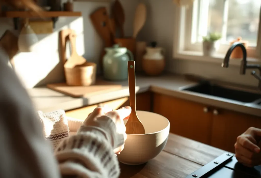 Une main féminine pose délicatement une cuillère en bois dans une casserole en céramique, chaleureuse et accueillante