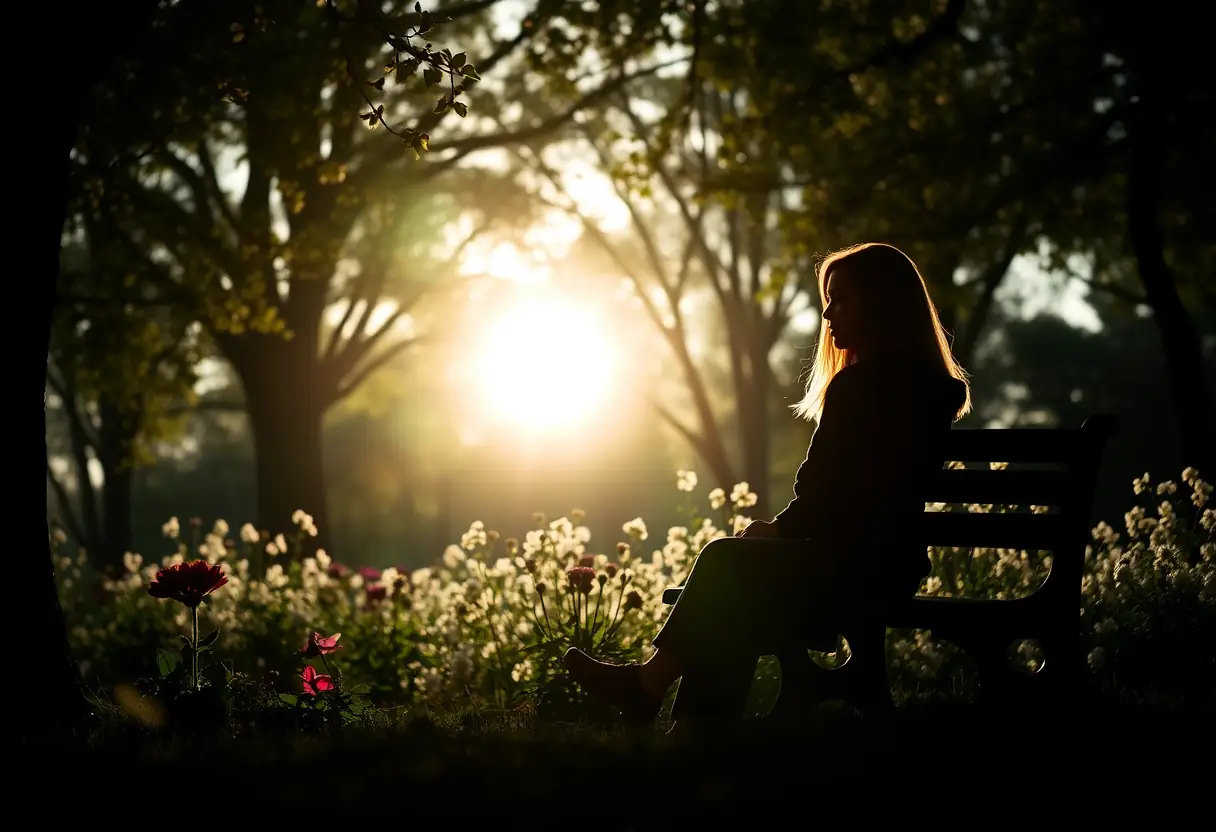 Un profil de femme assise sur un banc dans un parc fleuri, baigné de lumière douce