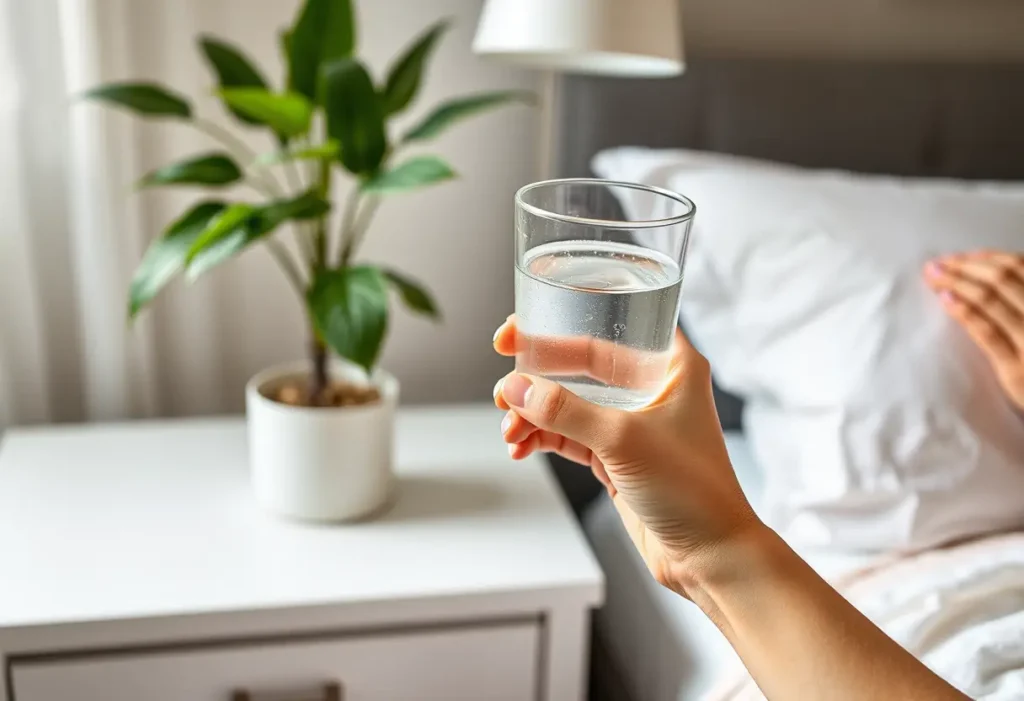 Une main tenant un verre d'eau près d'une plante, symbolisant l'hydratation pour la santé pelvienne.
