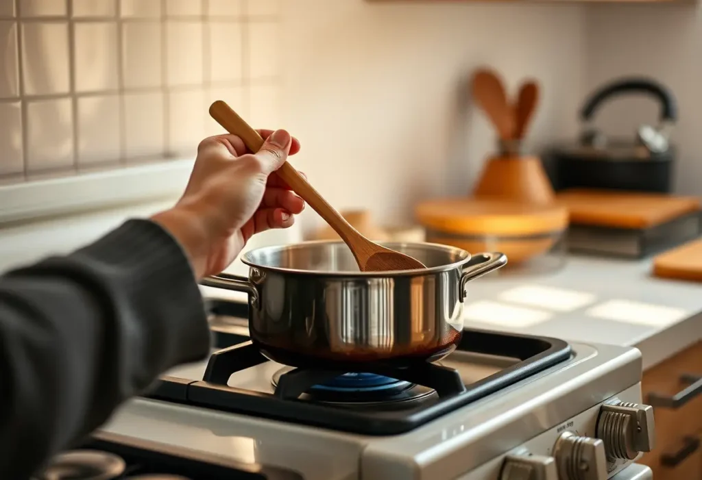 Une main féminine tenant une cuillère en bois au-dessus d'une casserole mijotant dans une cuisine chaleureusement éclairée. Bien-être et autocuidado.
