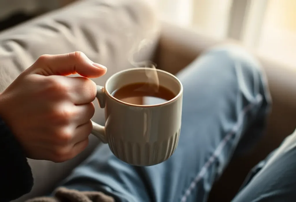 Une main tenant une tasse de thé fumant sur un canapé au petit matin, la brume se dégageant de la tasse est illuminée par la lumière du jour.