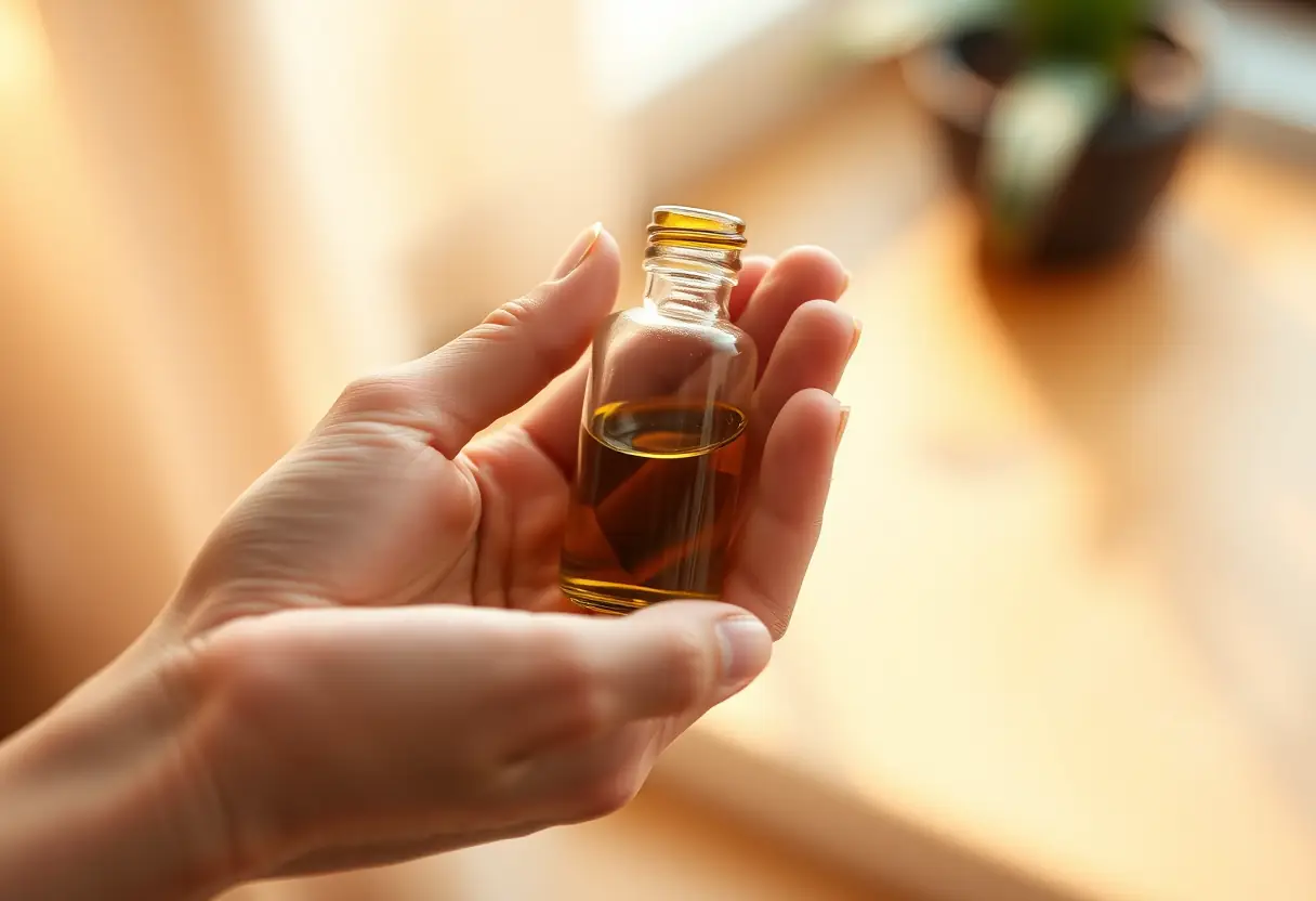 Une petite bouteille en verre contenant des huiles essentielles
