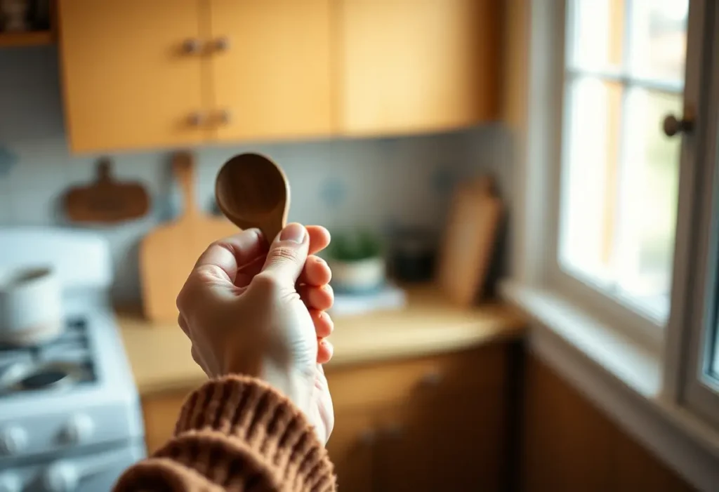 Une main féminine tenant une cuillère en bois dans une cuisine accueillante