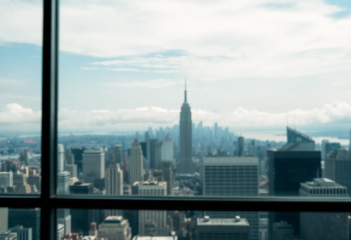 Vue floue d'un horizon urbain depuis une haute fenêtre, avec des nuages doux en arrière-plan