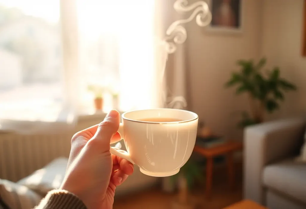 Une main tenant une tasse de thé herbale dans une pièce accueillante