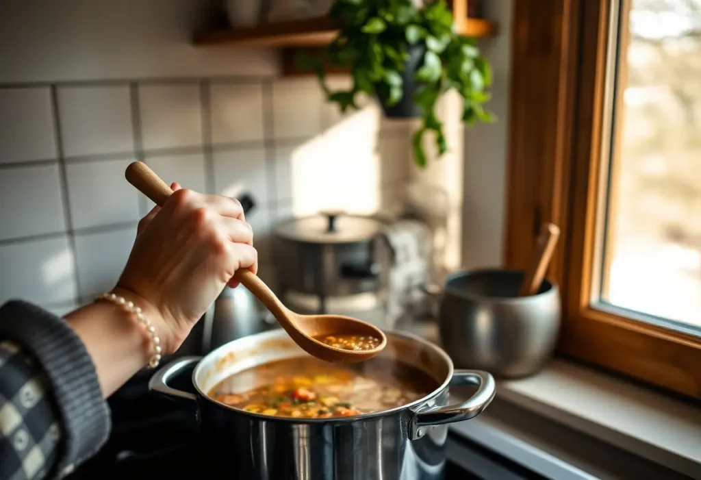 Une main tenant une cuillère en bois dans une cuisine accueillante, le sujet aborde le bien-être féminin.