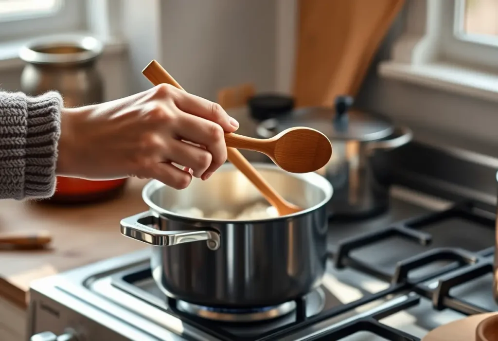 Une main féminine tient une cuillère en bois dans une cuisine accueillante, doux éclairage naturel