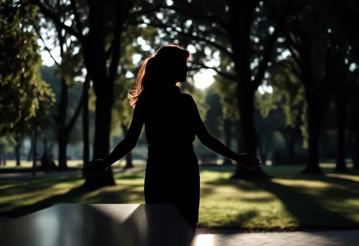 Silhouette d'une femme debout dans un parc, ses bras reposant sur un banc en pierre, la lumière filtrant à travers la canopée