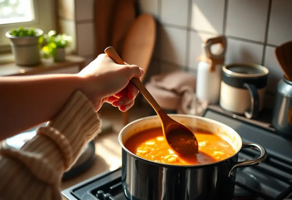 Une main féminine tenant une cuillère en bois au-dessus d’une marmite mijotante dans une cuisine accueillante, symbolisant le bien-être et la sérénité.