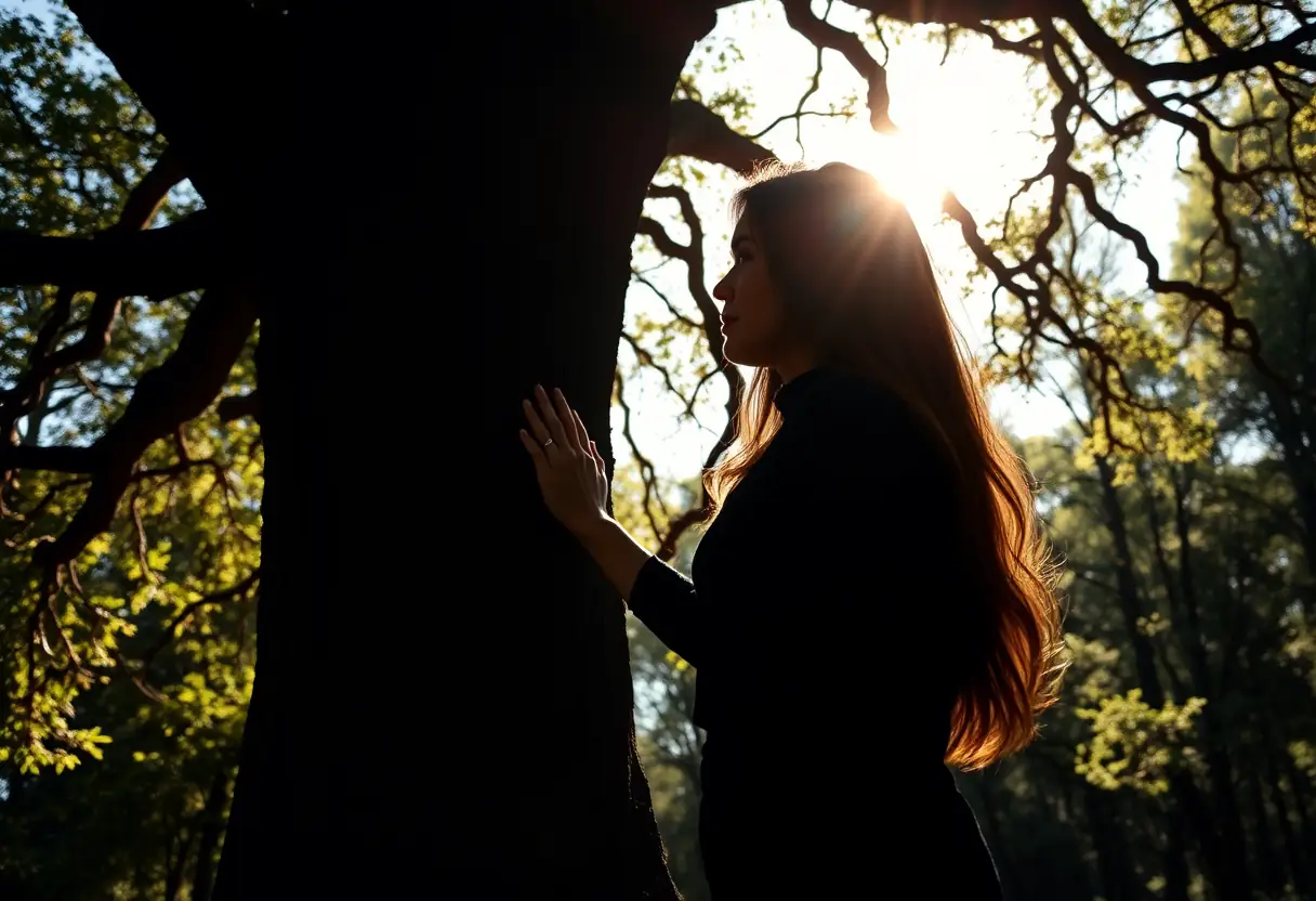 Un profil de femme se tenant près d'un grand chêne dans une forêt ensoleillée, sa main posée sur l'écorce rugueuse, représentant la force et la résilience.