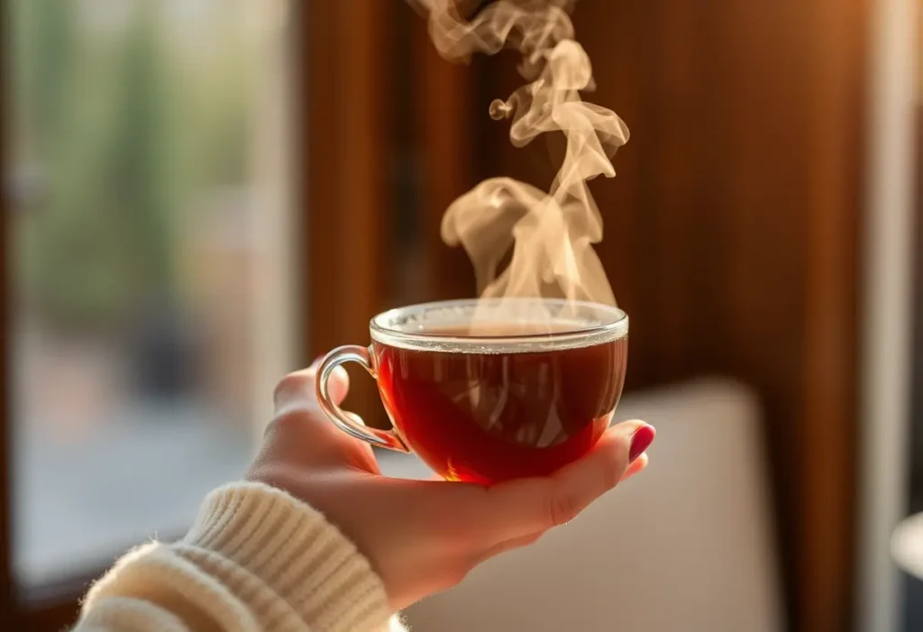 Une main féminine tenant une tasse de thé chaud, dans un rayon de soleil, symbolisant le réconfort et la sérénité
