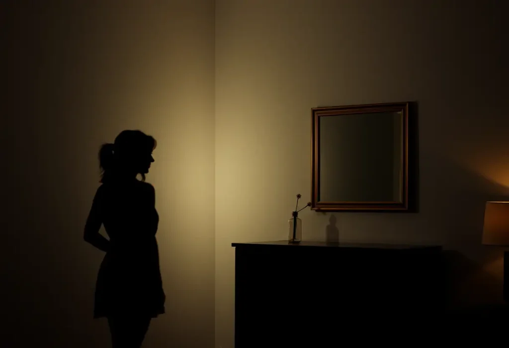 Un profil féminin se reflétant dans un miroir accroché au-dessus d'une commode dans une chambre