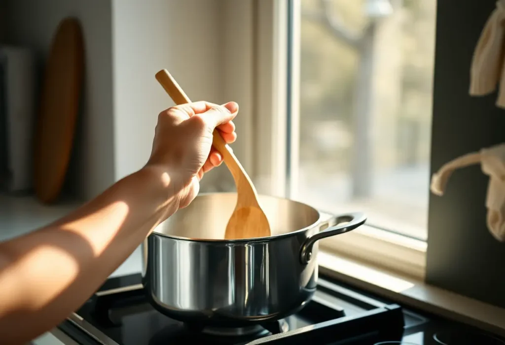 Main de femme tenant une cuillère en bois dans une cuisine, évoquant soins personnels et routine quotidienne.